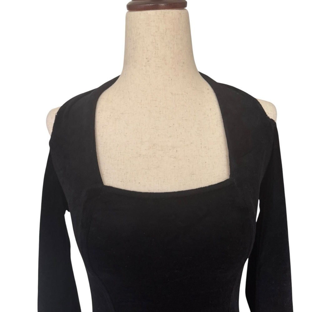 Vintage 90s YES Black Velvet Velour Bodycon Cutout Halter Mini Dress Club Goth - Picture 3 of 9